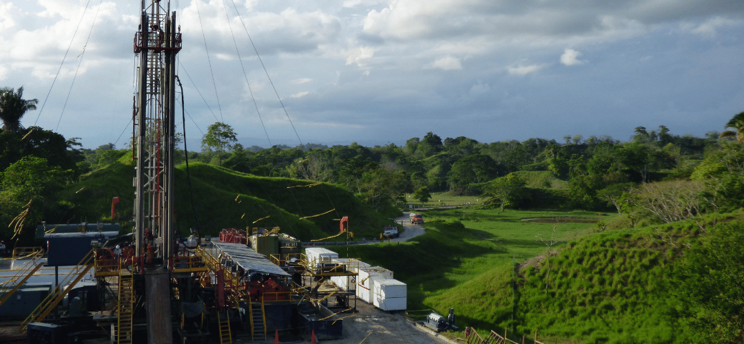 Drilling equipment operating in a rural landscape